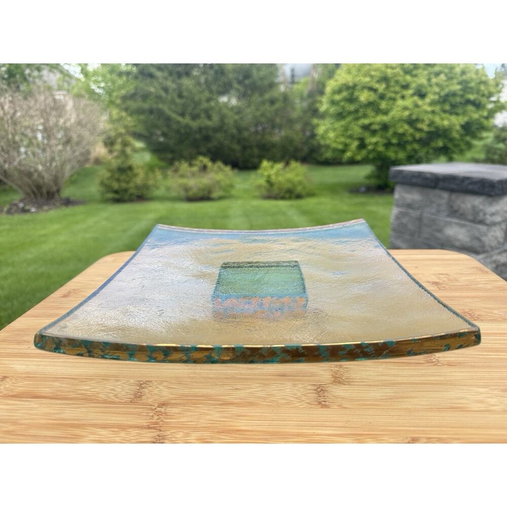 Annieglass Gold Roman Antique 10x10 Square Pedestal Bowl~Signed